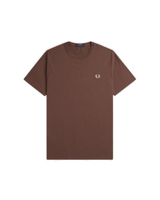 Fred Perry Brown Logo-embroidered Crewneck T-shirt for men