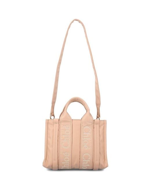 Chloé Pink Woody Logo Embroidered Small Tote Bag