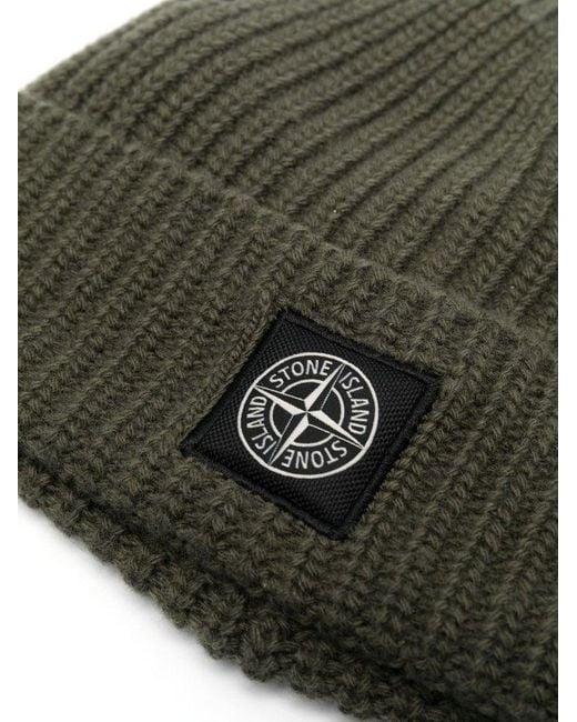 Stone Island Green Logo-patch Ribbed Beanie for men