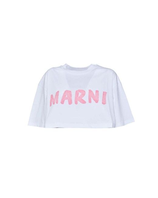 Marni White Logo Printed Cropped T-shirt