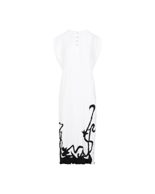Lanvin White Plissé-effect Straight Hem Midi Dress