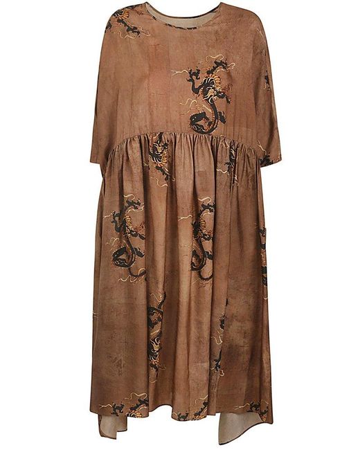 Uma Wang Brown Dragon Printed Pleated Midi Dress