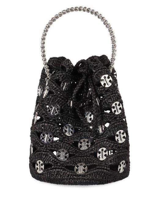 Rabanne Black Raffia Drawstring Bucket Bag