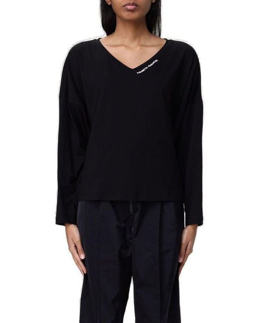 Elisabetta Franchi Black Long-Sleeved V-Neck T-Shirt
