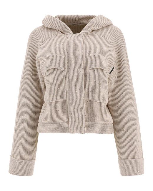 Brunello Cucinelli Natural Hooded Cardigan With Shiny Tab
