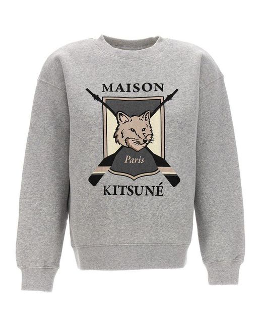 Maison Kitsuné Gray Fox-printed Crewneck Sweatshirt