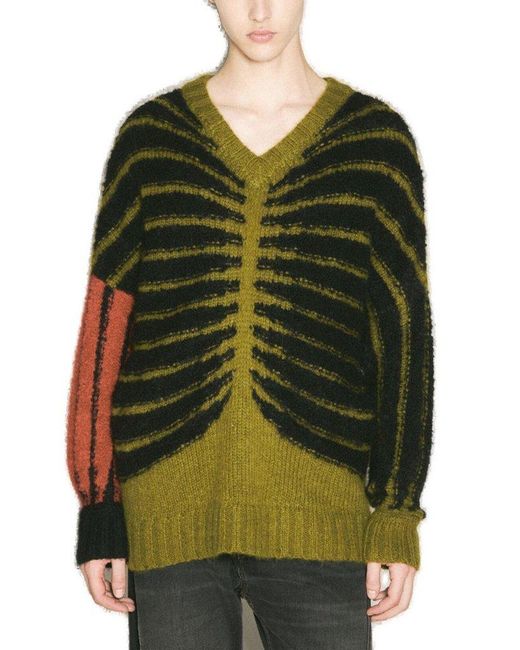 GmbH Green V-Neck Knitted Colour-Block Jumper for men