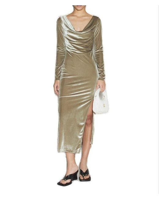 Helmut Lang Green Draped Asymmetric Velvet Dress