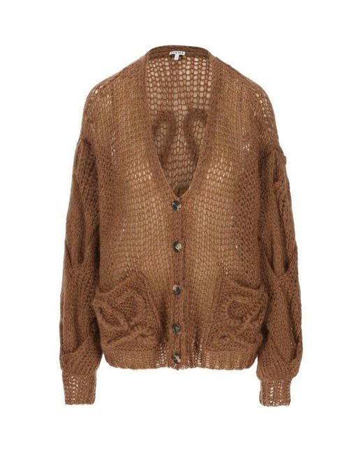 Loewe Brown Logo Cable Knitted Cardigan
