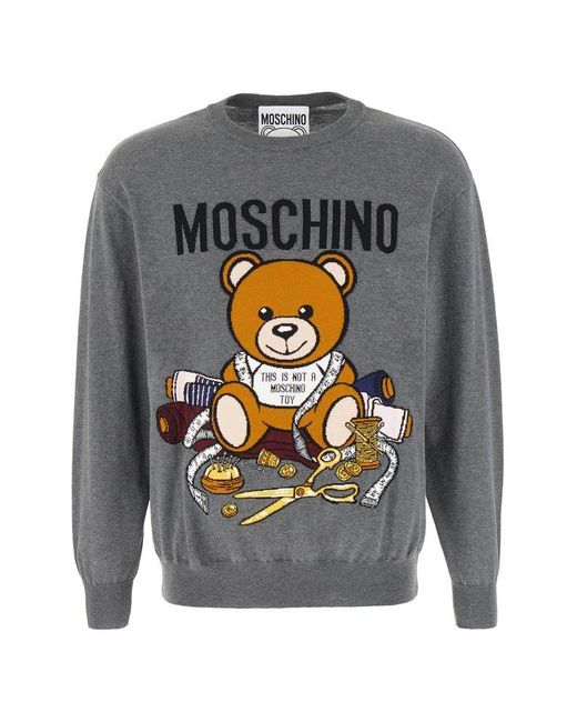 Moschino Gray Teddy Bear Intarsia Knitted Crewneck Jumper for men