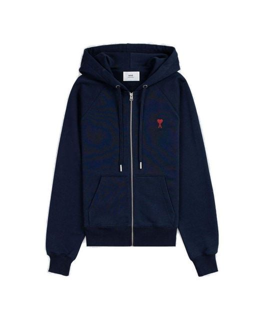 AMI Blue Cotton Ami De Coeur Zipped Hoodie