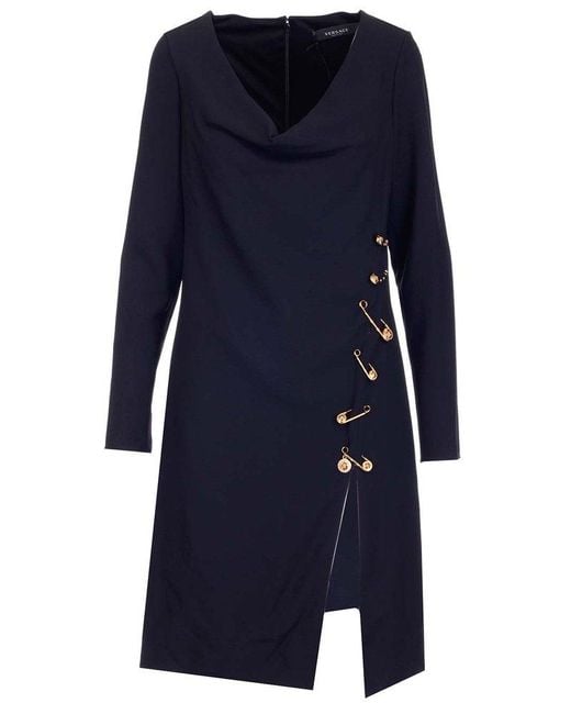 Versace Synthetic Safetypin Front Slit Midi Dress in Black Lyst