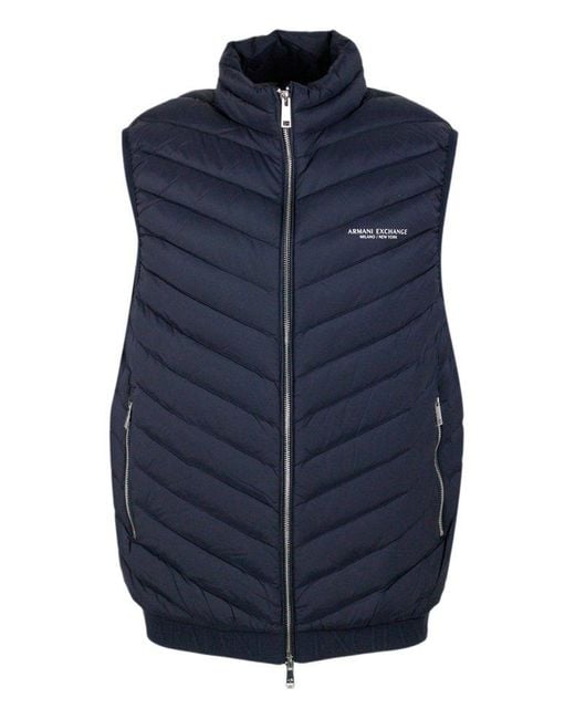 Armani Exchange Blue Sleeveless Gilet In Light Down With Logoed And Elasticated Bottom And Zip Closure for men