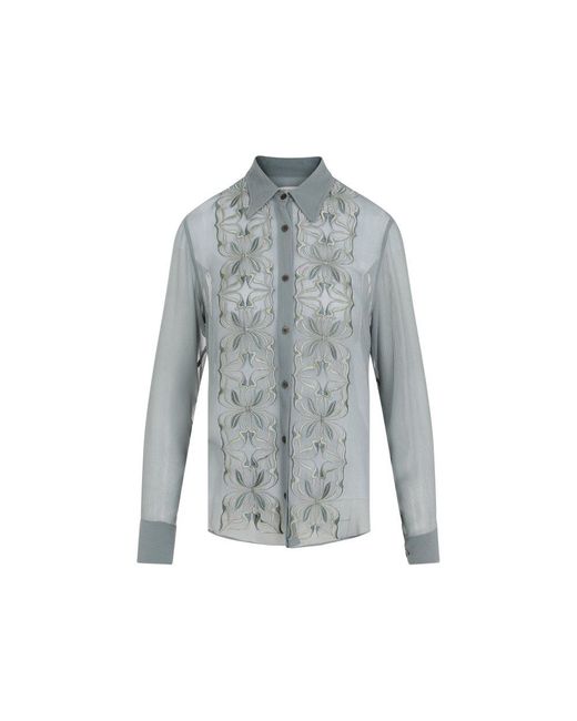 Dries Van Noten Blue Pattern-embroidered Button-up Shirt