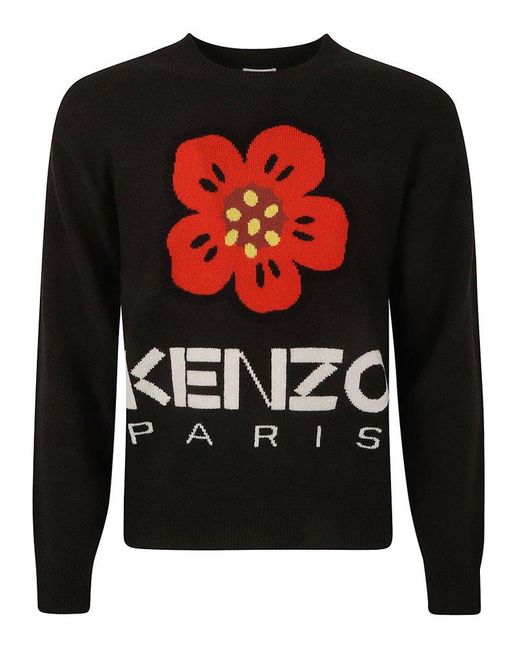 KENZO Black Boke Flower Intarsia-knit Crewneck Jumper for men