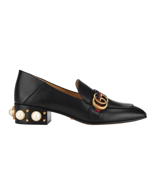 Gucci Black Embellished-Heel Leather Loafers