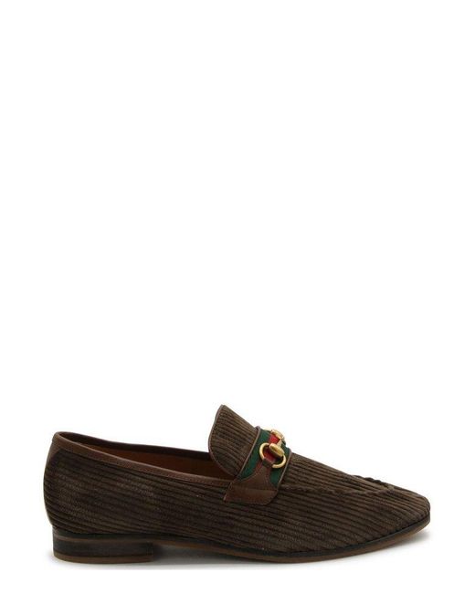 Gucci Brown Horsebit Almond-toe Corduroy Loafers for men