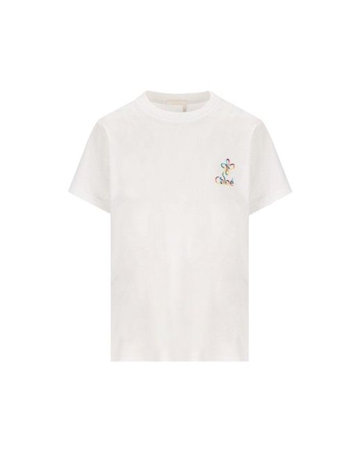 Chloé White Logo Embroidered Crewneck T-shirt