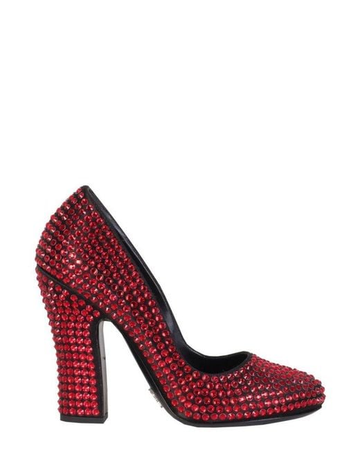 Prada Red Crystal Embellished Block-heel Pumps