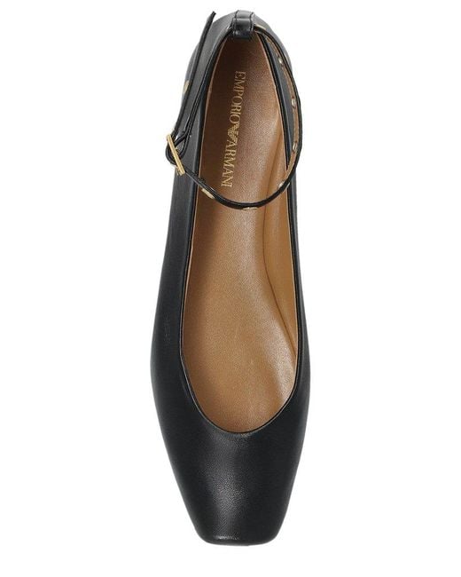 Emporio Armani Black Square Toe Buckle Detailed Ballet Flats