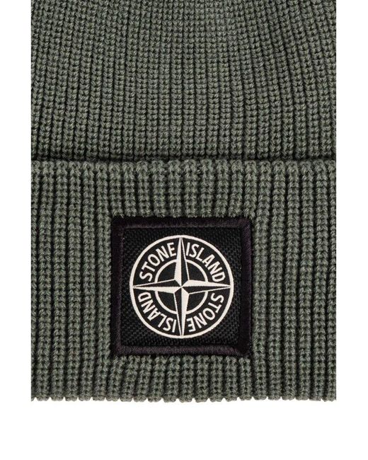 Stone Island Green Beanie With Logo, for men