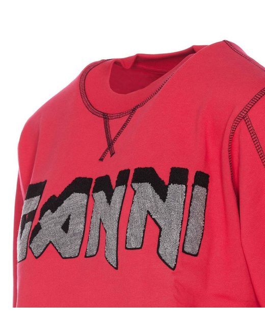 Ganni Red Logo Patch Crewneck Sweatshirt