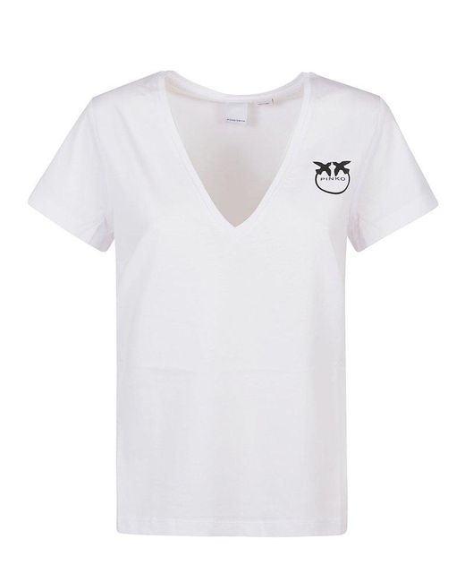 Pinko White Logo Printed V-neck T-shirt