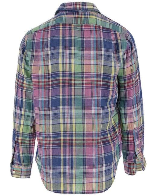 Ralph Lauren Blue Linen Shirt With Check Pattern for men