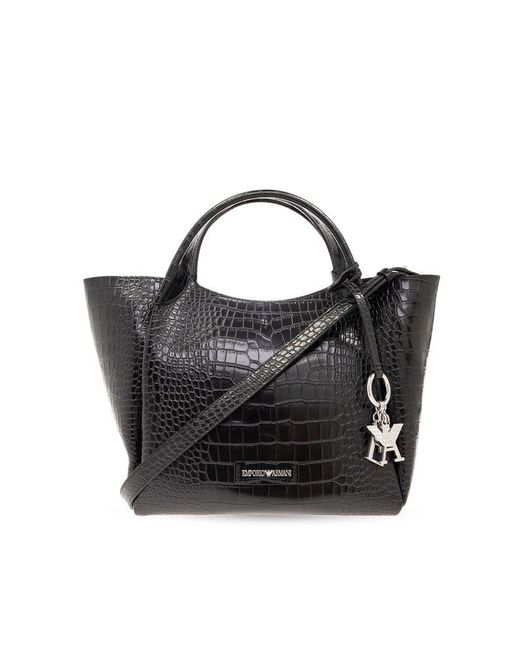 Emporio Armani Black Shopper Bag With Mock-croc Finish And Logo Charm