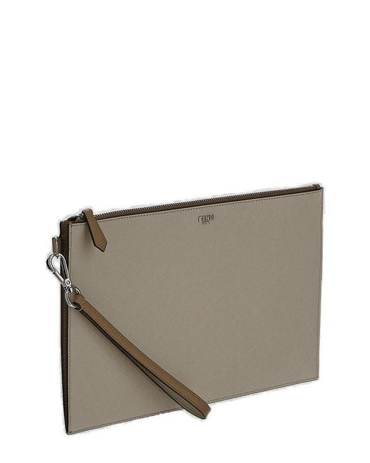Fendi Gray Logo Plaque Zipped Pouch for men
