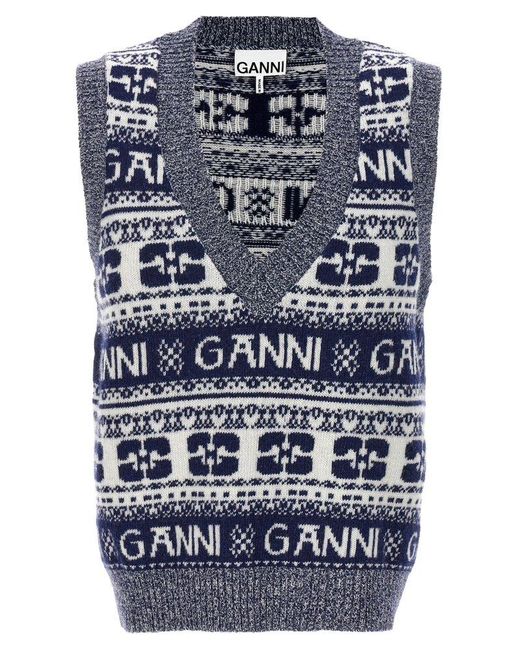 Ganni Blue Logo Intarsia-knit V-neck Mix Vest