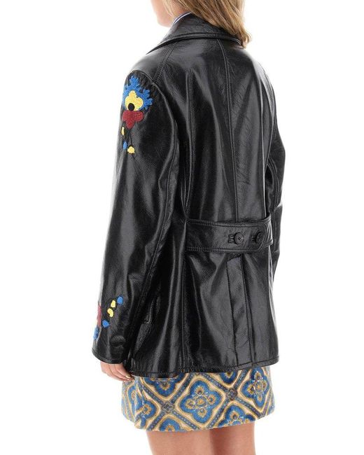 Etro Black Jacket In Patent Faux Leather With Floral Embroideries
