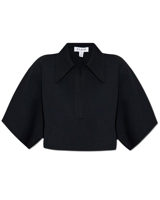 Alaïa Blue Short-Sleeved Cropped Polo Top