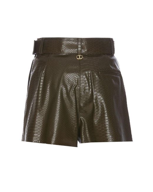 Twin Set Embossed Effect High Waist Belted Mini Shorts in Green | Lyst