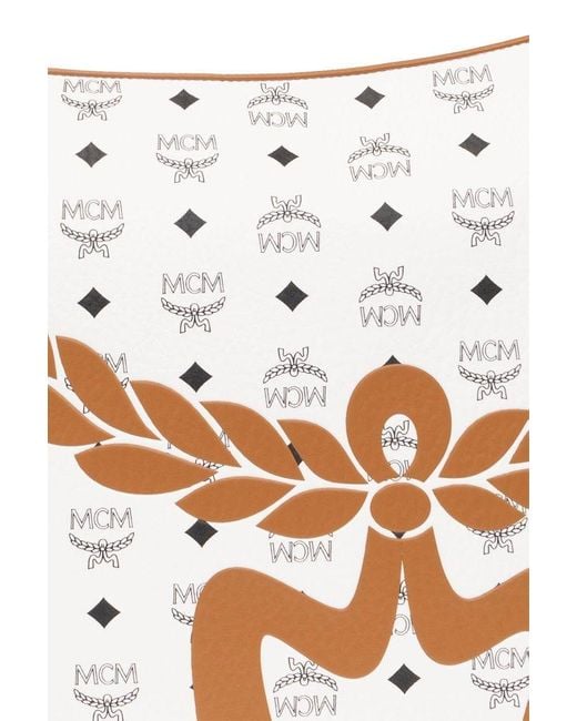 MCM White Aren Logo Printed Large Shoulder Bag