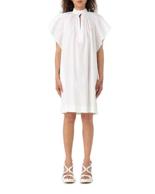 Max Mara Studio White Ruffled Short-sleeved Dress