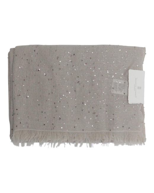 Brunello Cucinelli Gray Sequin Embellished Frayed Edge Scarf