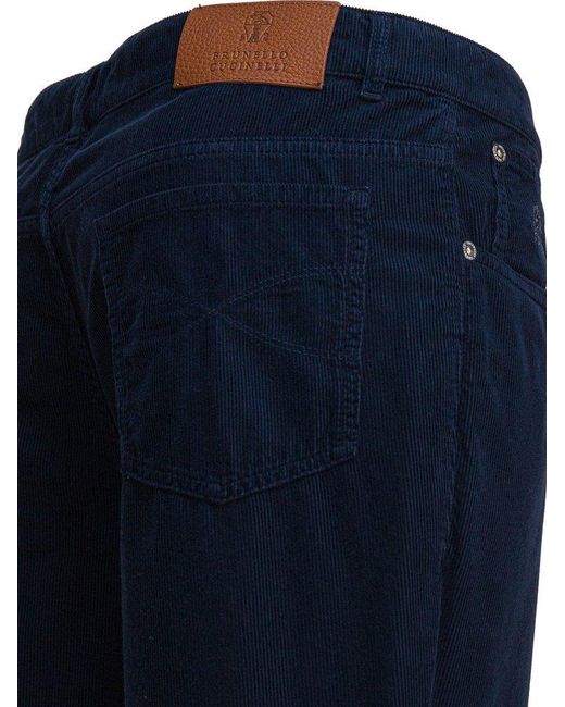 Brunello Cucinelli Blue Logo Patch Corduroy Pants for men