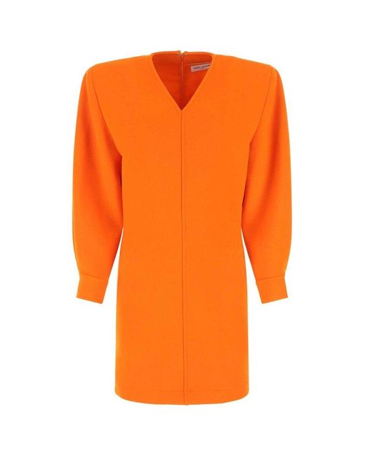 Saint Laurent Orange V-neck Long-sleeved Mini Dress