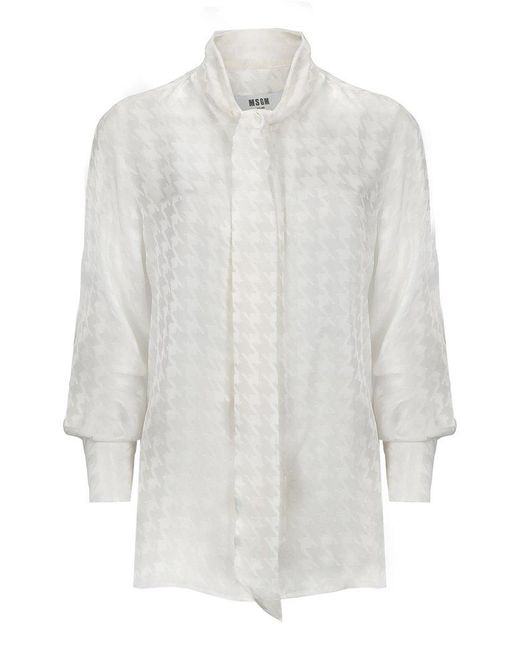 MSGM White Houndstooth Patterned Satin Shirt