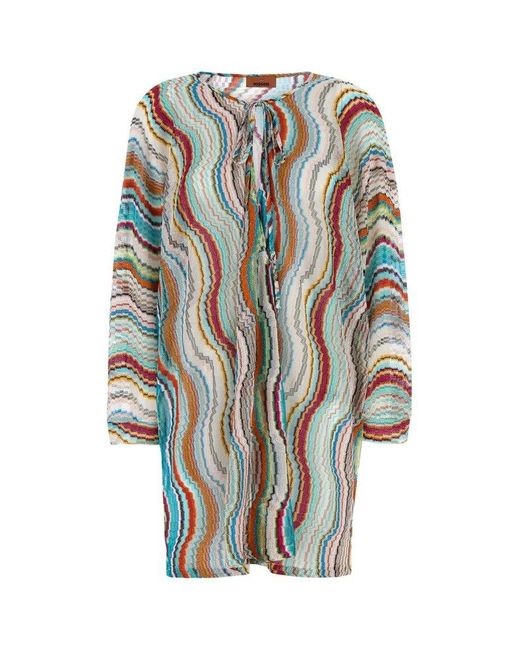 Missoni White Lamé Wave Motif Long-Sleeved Cover-Up Kaftan