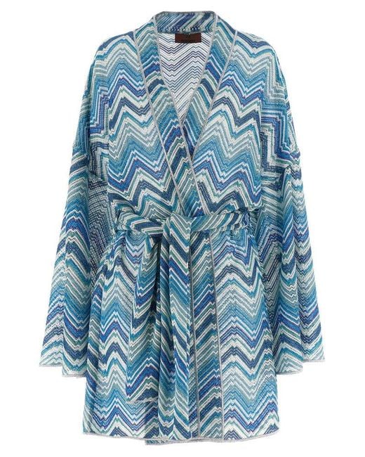 Missoni Blue Zigzag Belted Waist Wrap Knitted Cardigan