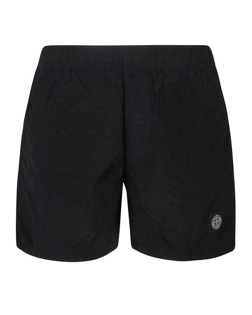 Stone Island Black Compass Patch Crinkled Swim Shorts for men