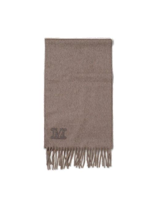 Max Mara Brown Logo Embroidered Fringed Scarf