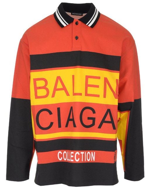 Balenciaga Orange Long-sleeved Logo-print Cotton Polo Shirt for men