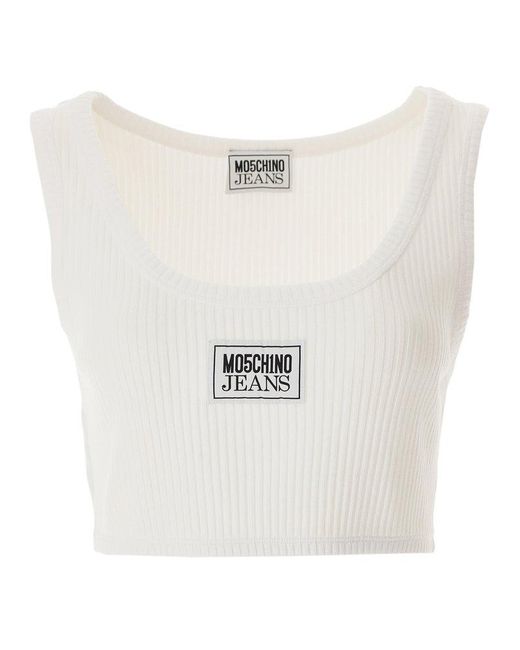 Moschino White Jeans Logo Patch Ribbed Cropped Top
