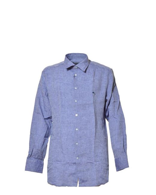 Etro Blue Logo Embroidered Buttoned Shirt for men