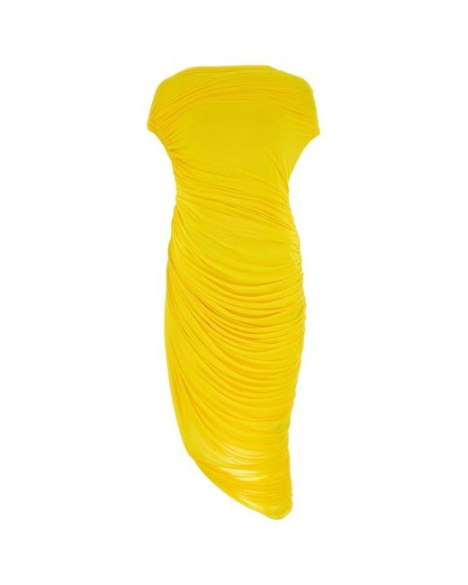 Ferragamo Yellow Drape Detailed Midi Dress