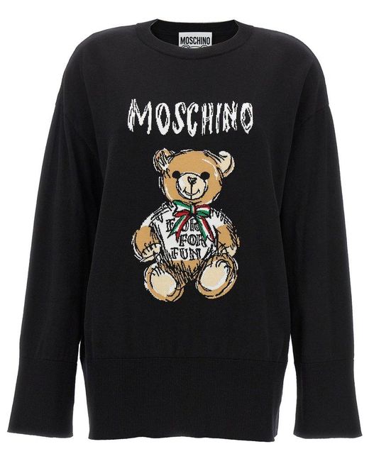 Moschino Gray Teddy Bear Jacquard Crewneck Sweater