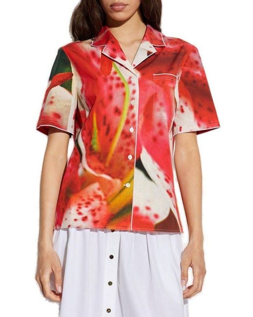 Tory Burch Red Flower Printed Short Sleeved Shirt